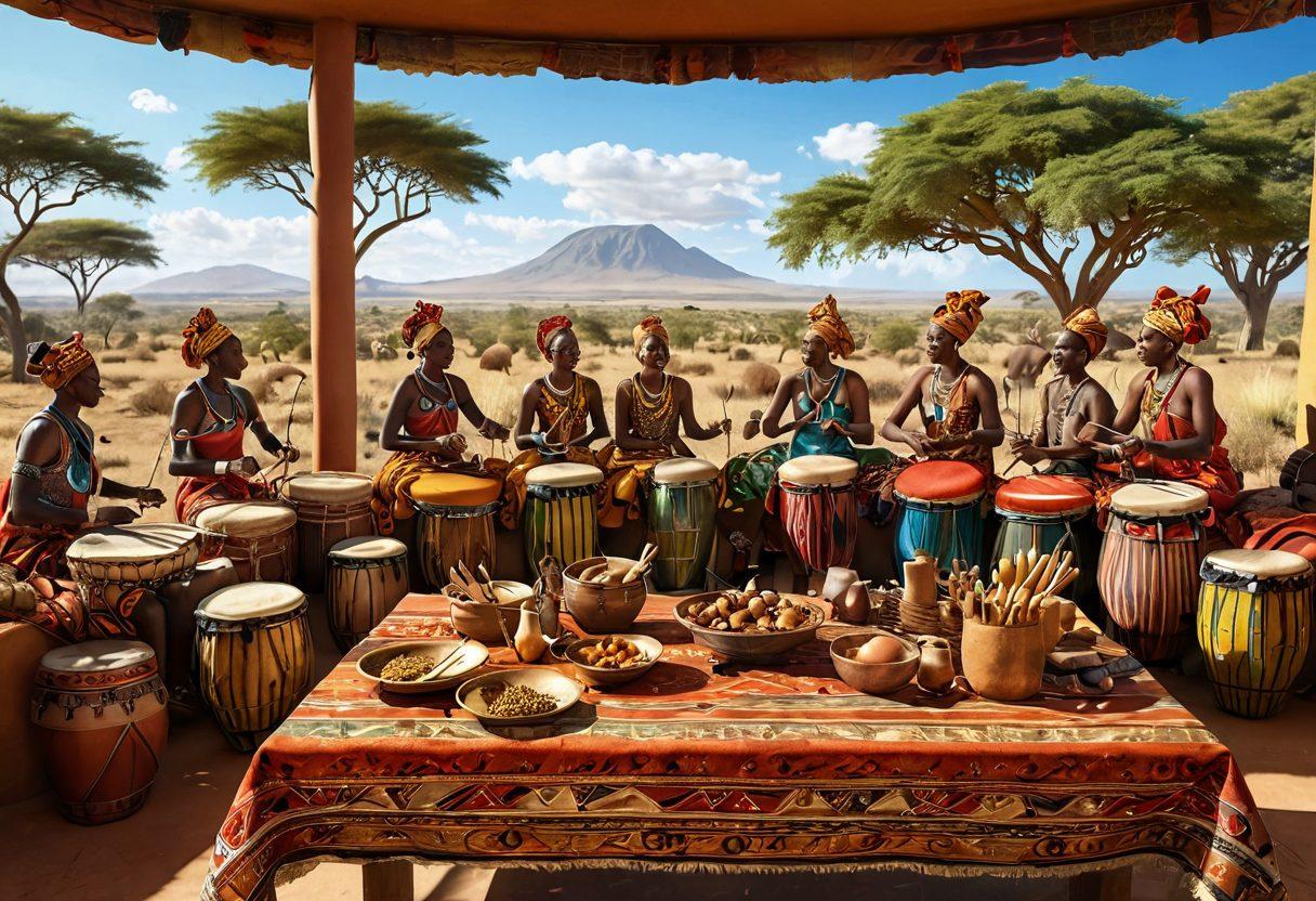 A vibrant scene showcasing a colorful tapestry woven with African patterns, surrounded by traditional musical instruments like drums and marimbas. Include an array of culinary delights on a beautifully decorated table, with people in traditional attire joyfully dancing nearby. The background should depict lush landscapes of Africa, filled with warm sunlight and energy. super-realistic. vibrant colors. 3D.