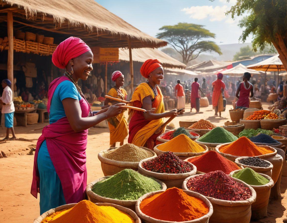 A vibrant marketplace scene in Africa, showcasing colorful spices and fresh produce, with a harmonious group of musicians playing traditional instruments in the background. Include smiling locals enjoying food and dancing, all drenched in warm sunlight to convey a joyful atmosphere. The composition should highlight the connection between cuisine and culture. bright colors. super-realistic.