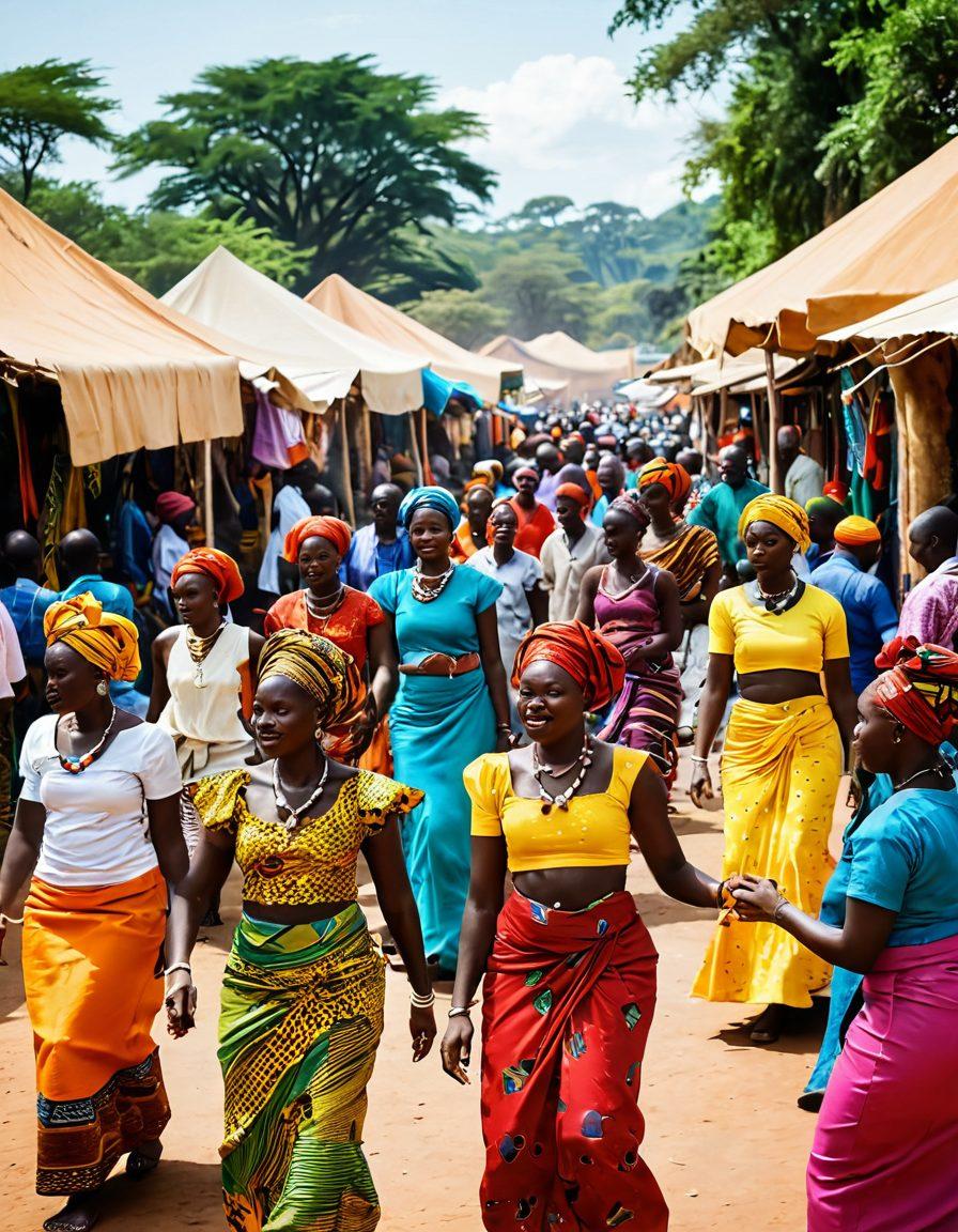 A vibrant marketplace in a rural African community, showcasing colorful fabrics, artisan crafts, and joyful people engaging in cultural dance and music. Include traditional architecture in the background and lush greenery, capturing the essence of community and creativity. The scene should be filled with bright colors and depict a lively atmosphere that resonates with the heartbeat of African culture. super-realistic. vibrant colors. 3D.